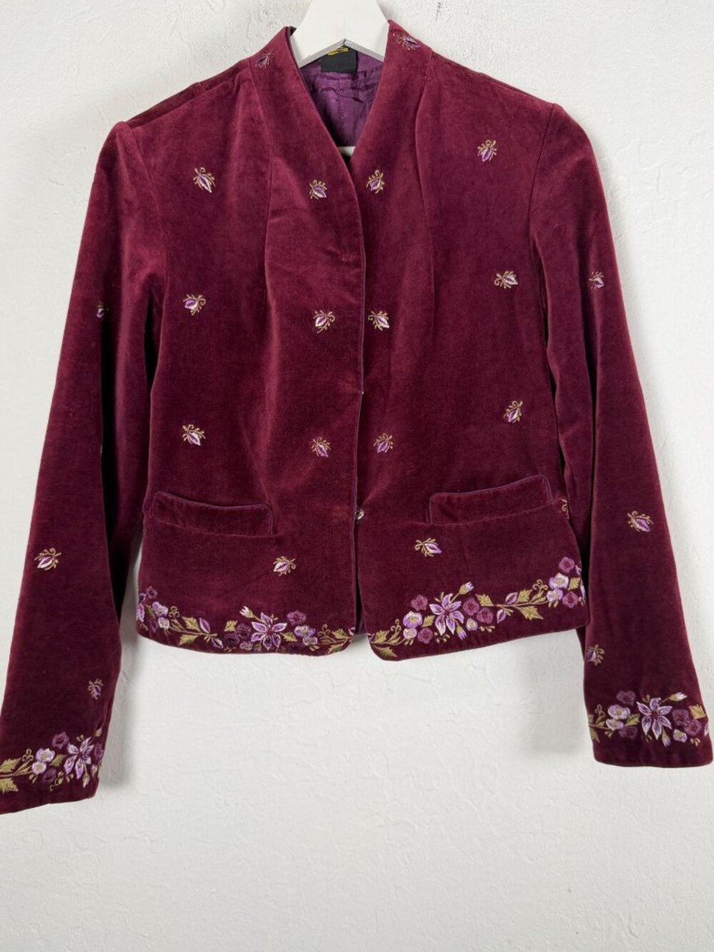 Plenty by Tracy Reese Burgundy Velvet Jacket Embroidered Floral Bee Blazer Small